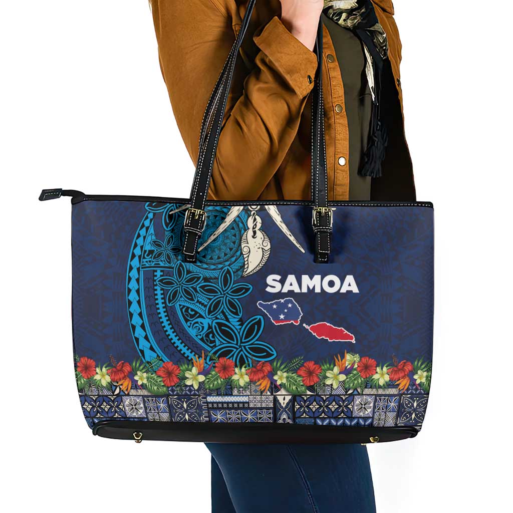 Samoa Siapo Polynesian Art Leather Tote Bag Tropical Flowers and Tatau Pattern Navy