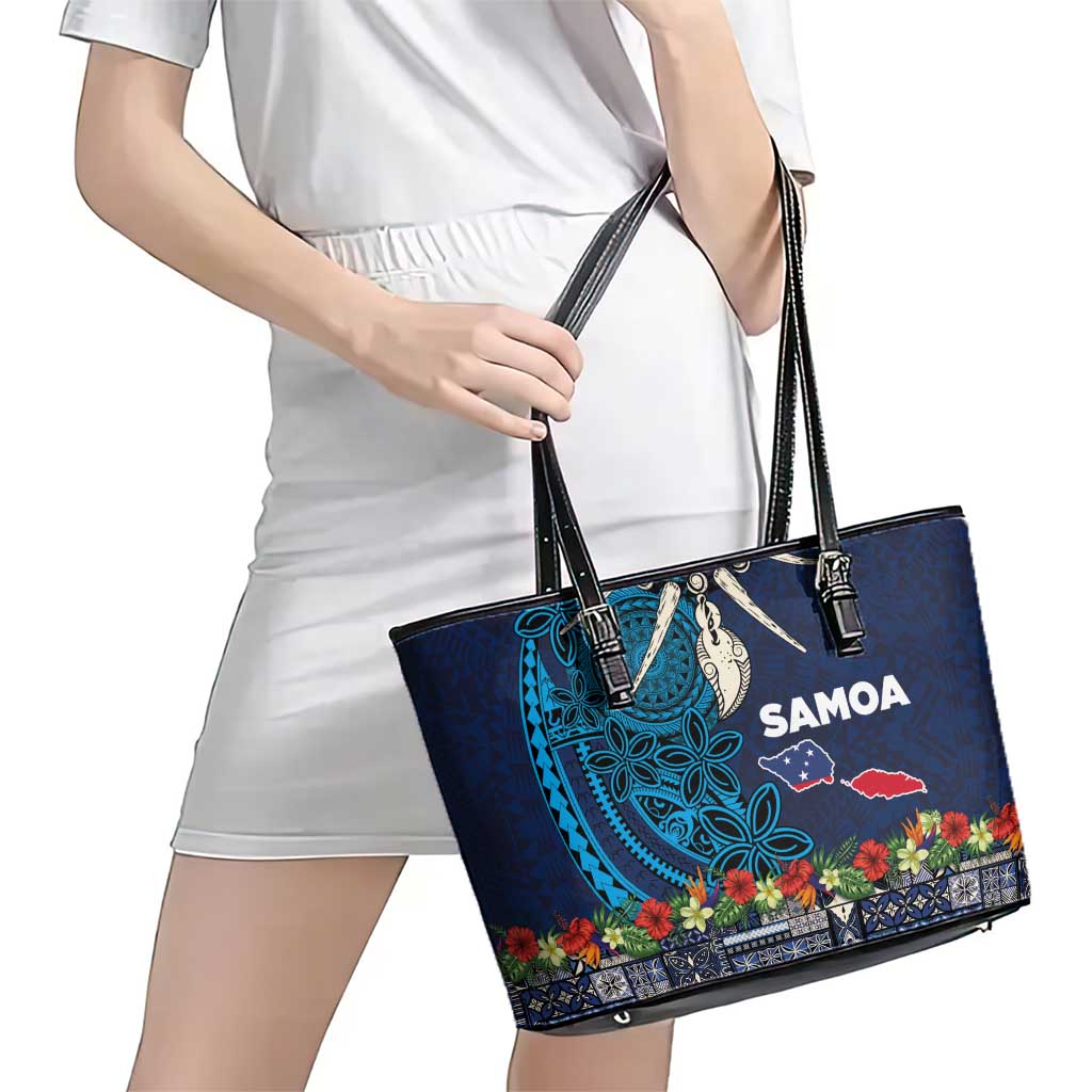 Samoa Siapo Polynesian Art Leather Tote Bag Tropical Flowers and Tatau Pattern Navy