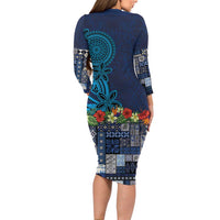 Samoa Siapo Polynesian Art Long Sleeve Bodycon Dress Tropical Flowers and Tatau Pattern Navy