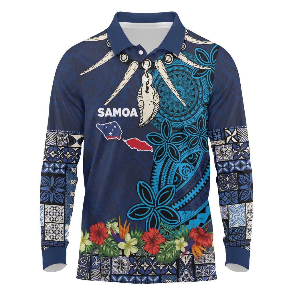 Samoa Siapo Polynesian Art Long Sleeve Polo Shirt Tropical Flowers and Tatau Pattern Navy LT03 Navy - Polynesian Pride