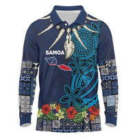 Samoa Siapo Polynesian Art Long Sleeve Polo Shirt Tropical Flowers and Tatau Pattern Navy LT03 Navy - Polynesian Pride
