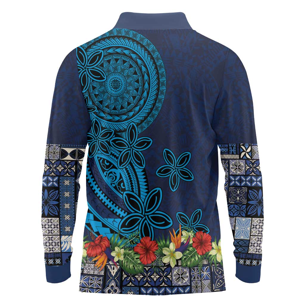 Samoa Siapo Polynesian Art Long Sleeve Polo Shirt Tropical Flowers and Tatau Pattern Navy LT03 - Polynesian Pride