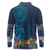 Samoa Siapo Polynesian Art Long Sleeve Polo Shirt Tropical Flowers and Tatau Pattern Navy LT03 - Polynesian Pride