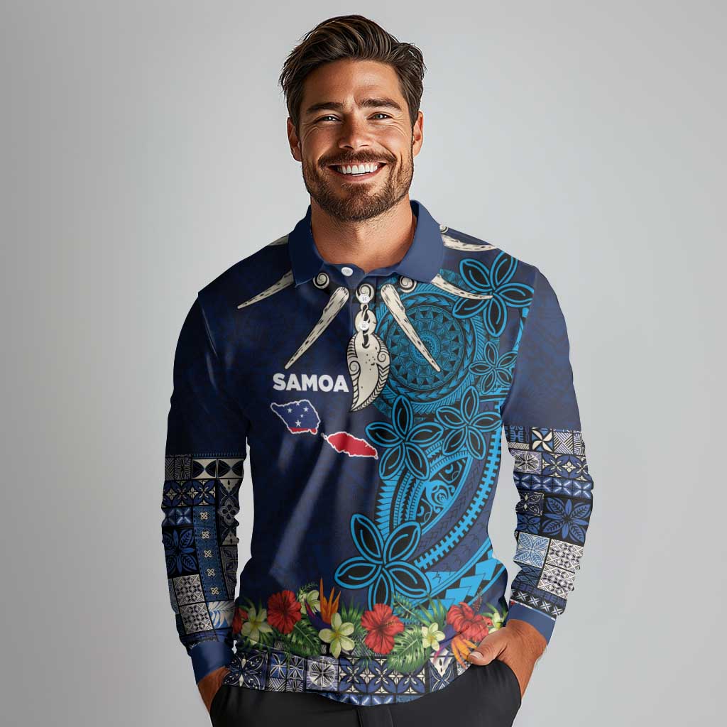 Samoa Siapo Polynesian Art Long Sleeve Polo Shirt Tropical Flowers and Tatau Pattern Navy LT03 - Polynesian Pride