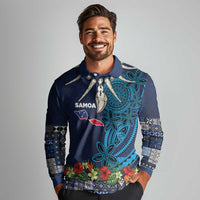 Samoa Siapo Polynesian Art Long Sleeve Polo Shirt Tropical Flowers and Tatau Pattern Navy LT03 - Polynesian Pride