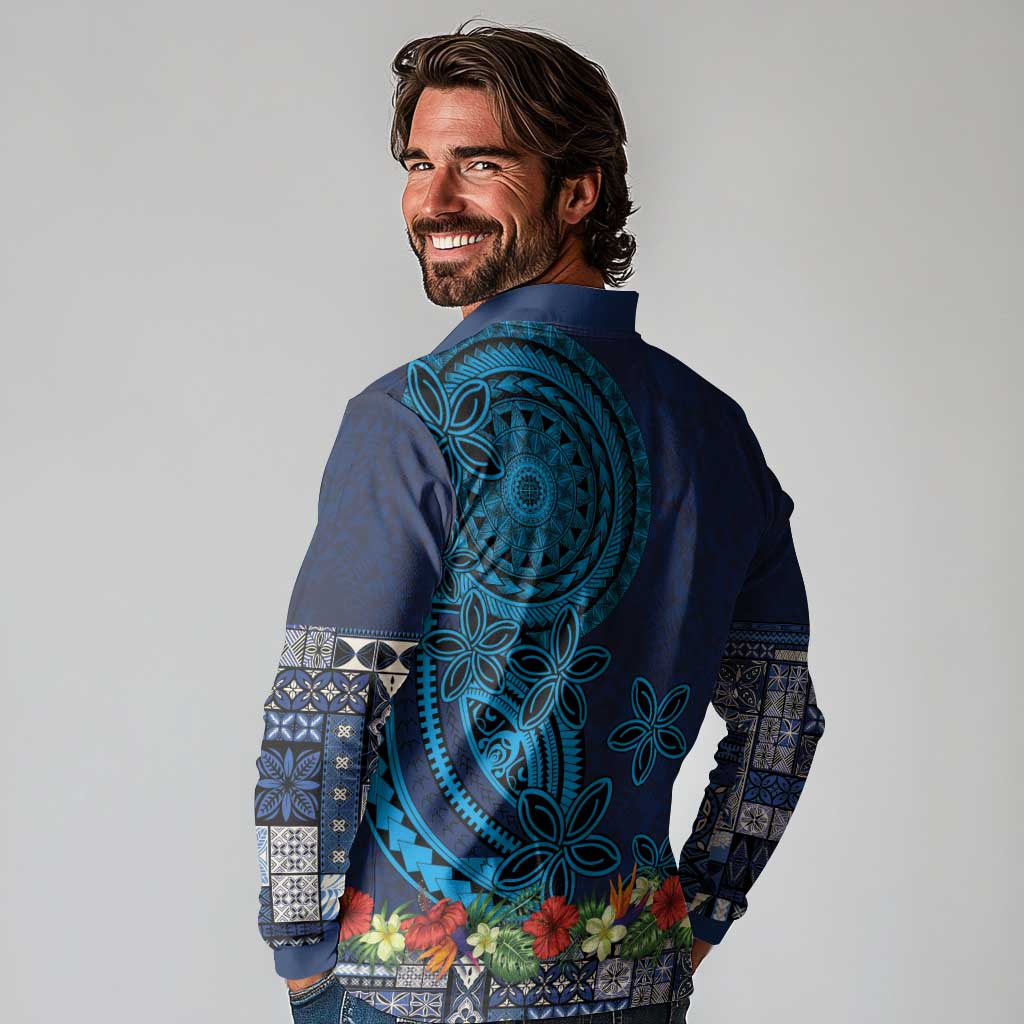 Samoa Siapo Polynesian Art Long Sleeve Polo Shirt Tropical Flowers and Tatau Pattern Navy LT03 - Polynesian Pride