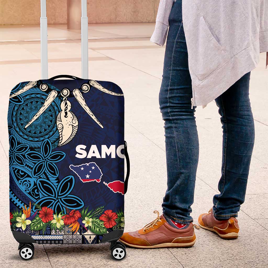 Samoa Siapo Polynesian Art Luggage Cover Tropical Flowers and Tatau Pattern Navy LT03 Navy - Polynesian Pride