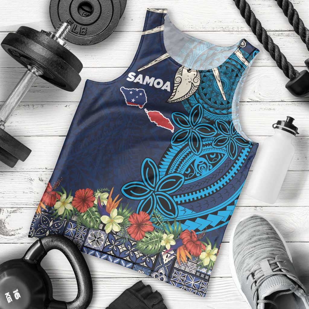 Samoa Siapo Polynesian Art Men Tank Top Tropical Flowers and Tatau Pattern Navy