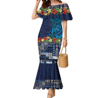 Samoa Siapo Polynesian Art Mermaid Dress Tropical Flowers and Tatau Pattern Navy