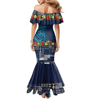 Samoa Siapo Polynesian Art Mermaid Dress Tropical Flowers and Tatau Pattern Navy