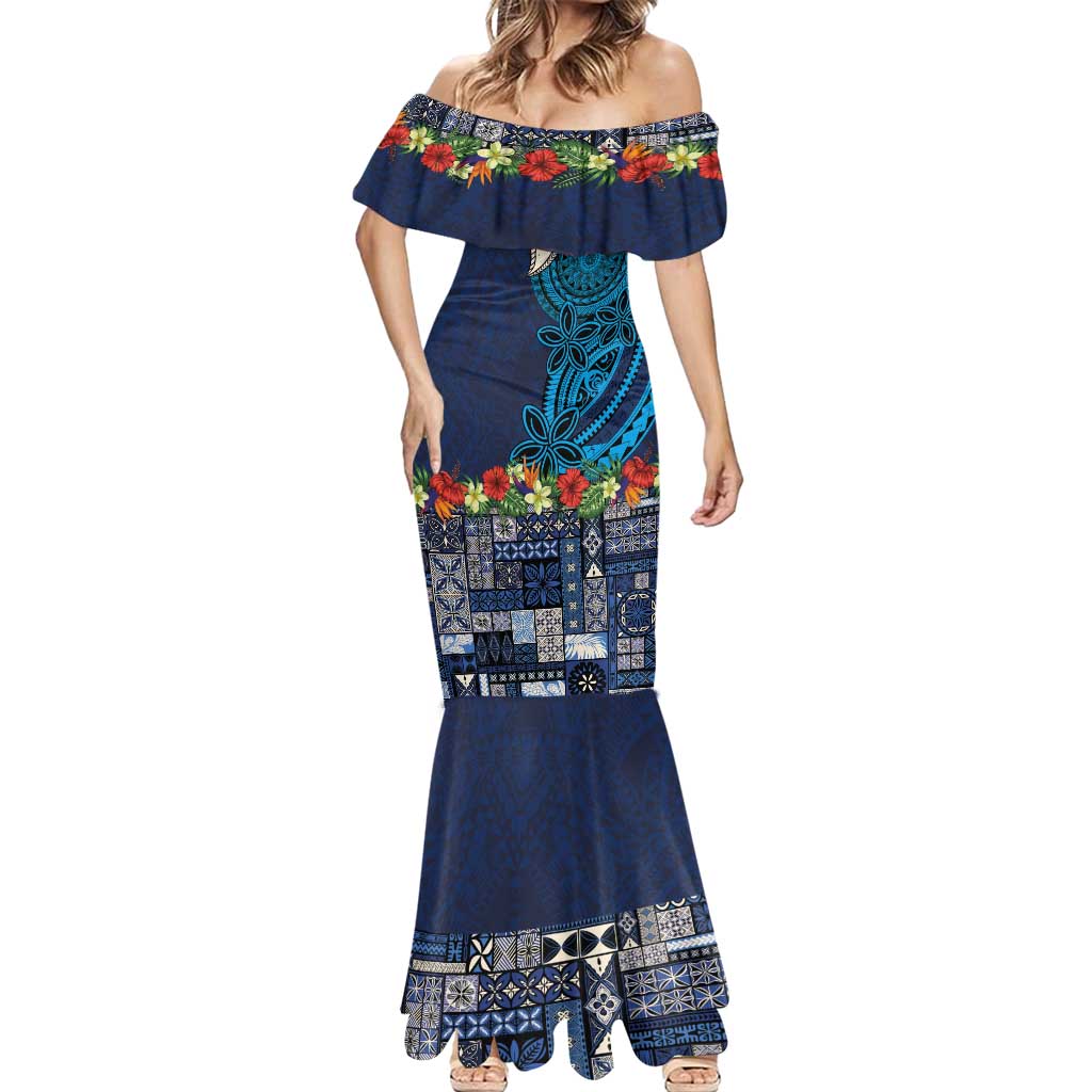 Samoa Siapo Polynesian Art Mermaid Dress Tropical Flowers and Tatau Pattern Navy