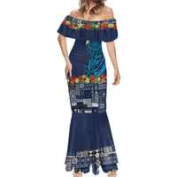 Samoa Siapo Polynesian Art Mermaid Dress Tropical Flowers and Tatau Pattern Navy