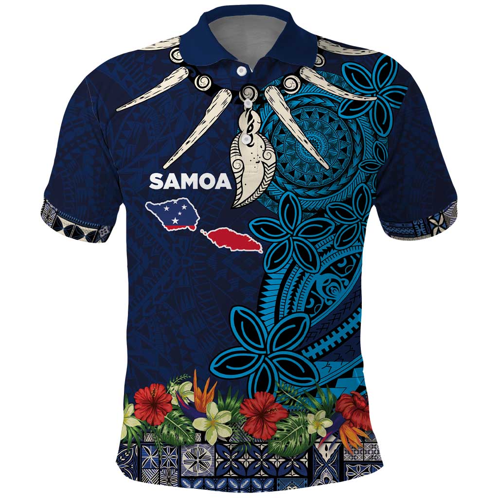 Samoa Siapo Polynesian Art Polo Shirt Tropical Flowers and Tatau Pattern Navy