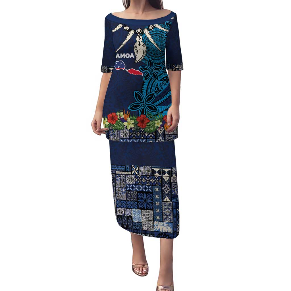Samoa Siapo Polynesian Art Puletasi Tropical Flowers and Tatau Pattern Navy LT03 Long Dress Navy - Polynesian Pride