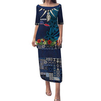Samoa Siapo Polynesian Art Puletasi Tropical Flowers and Tatau Pattern Navy LT03 Long Dress Navy - Polynesian Pride