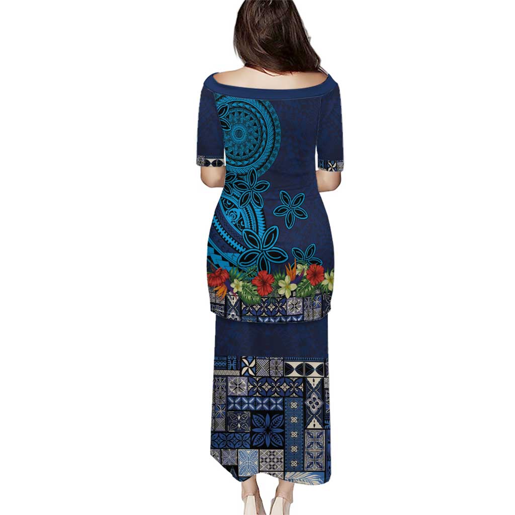 Samoa Siapo Polynesian Art Puletasi Tropical Flowers and Tatau Pattern Navy LT03 - Polynesian Pride