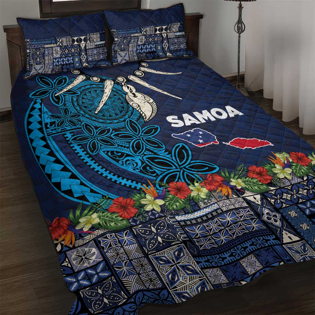 Samoa Siapo Polynesian Art Quilt Bed Set Tropical Flowers and Tatau Pattern Navy