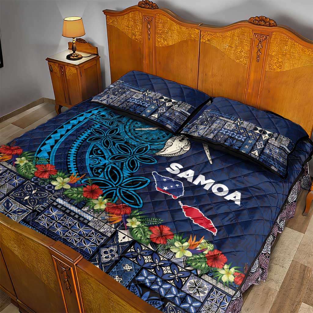 Samoa Siapo Polynesian Art Quilt Bed Set Tropical Flowers and Tatau Pattern Navy