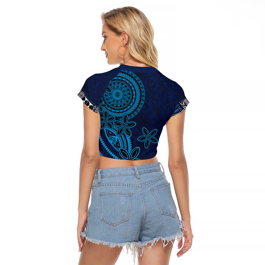 Samoa Siapo Polynesian Art Raglan Cropped T Shirt Tropical Flowers and Tatau Pattern Navy LT03 - Polynesian Pride