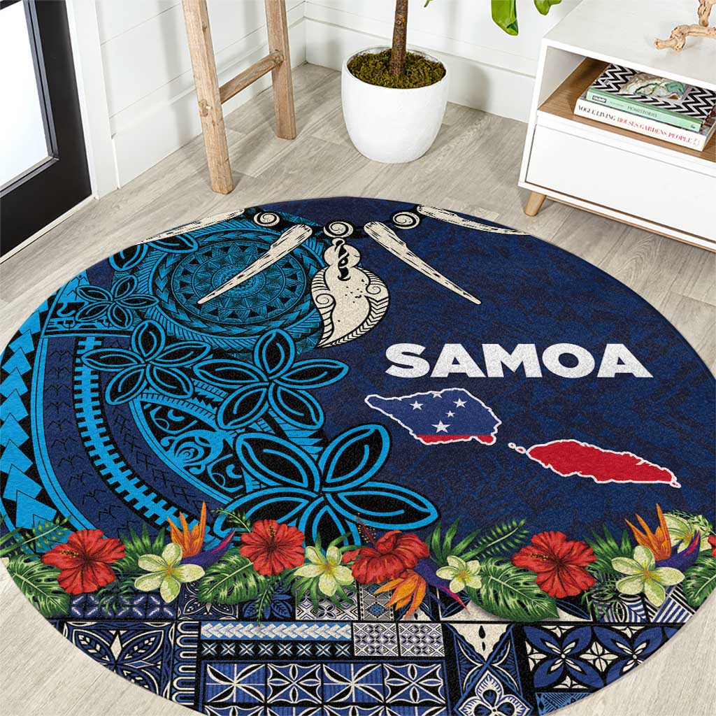 Samoa Siapo Polynesian Art Round Carpet Tropical Flowers and Tatau Pattern Navy
