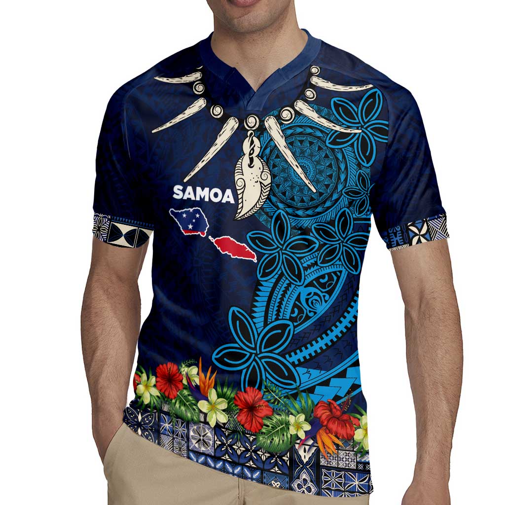 Samoa Siapo Polynesian Art Rugby Jersey Tropical Flowers and Tatau Pattern Navy