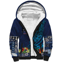 Samoa Siapo Polynesian Art Sherpa Hoodie Tropical Flowers and Tatau Pattern Navy