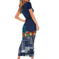 Samoa Siapo Polynesian Art Short Sleeve Bodycon Dress Tropical Flowers and Tatau Pattern Navy