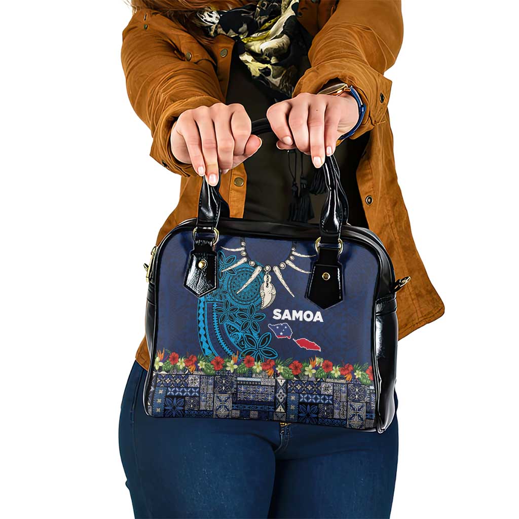 Samoa Siapo Polynesian Art Shoulder Handbag Tropical Flowers and Tatau Pattern Navy LT03 One Size Navy - Polynesian Pride