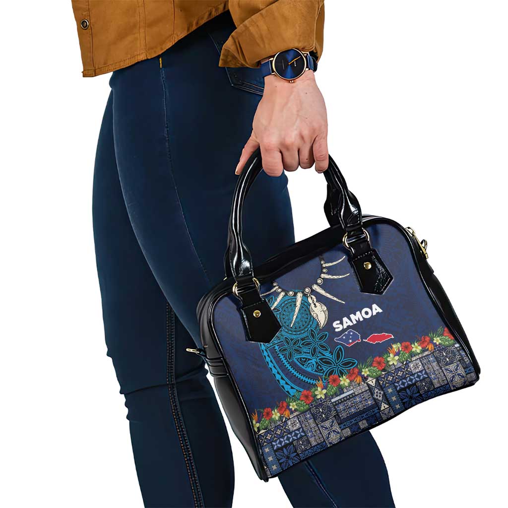 Samoa Siapo Polynesian Art Shoulder Handbag Tropical Flowers and Tatau Pattern Navy LT03 - Polynesian Pride