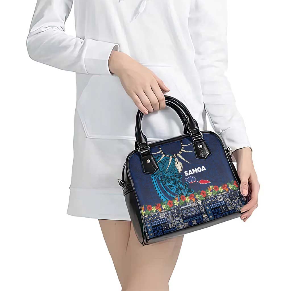 Samoa Siapo Polynesian Art Shoulder Handbag Tropical Flowers and Tatau Pattern Navy LT03 - Polynesian Pride