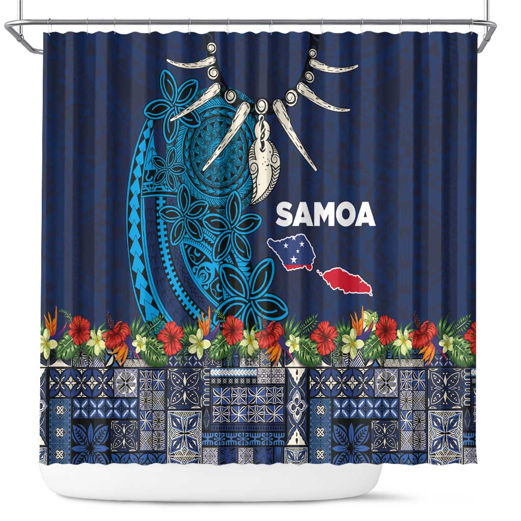 Samoa Siapo Polynesian Art Shower Curtain Tropical Flowers and Tatau Pattern Navy LT03 Navy - Polynesian Pride