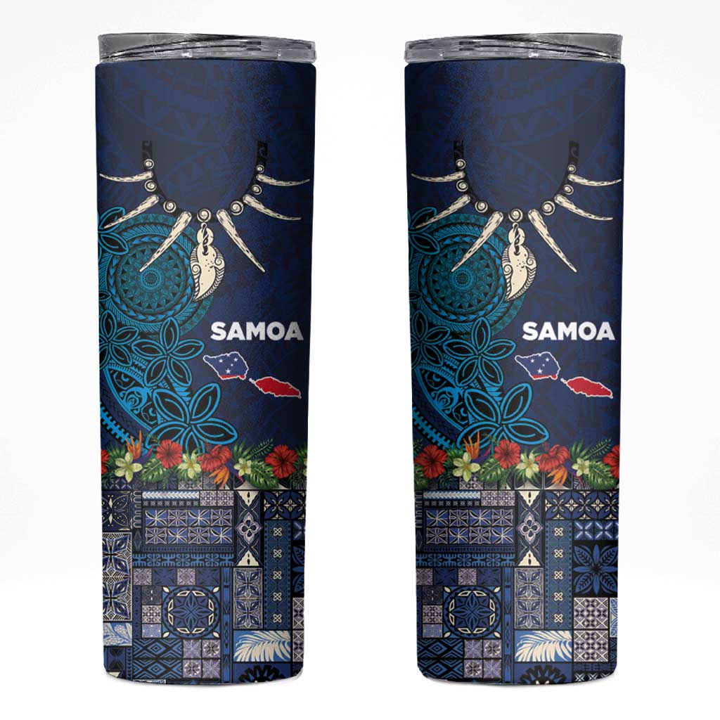 Samoa Siapo Polynesian Art Skinny Tumbler Tropical Flowers and Tatau Pattern Navy LT03 Navy - Polynesian Pride