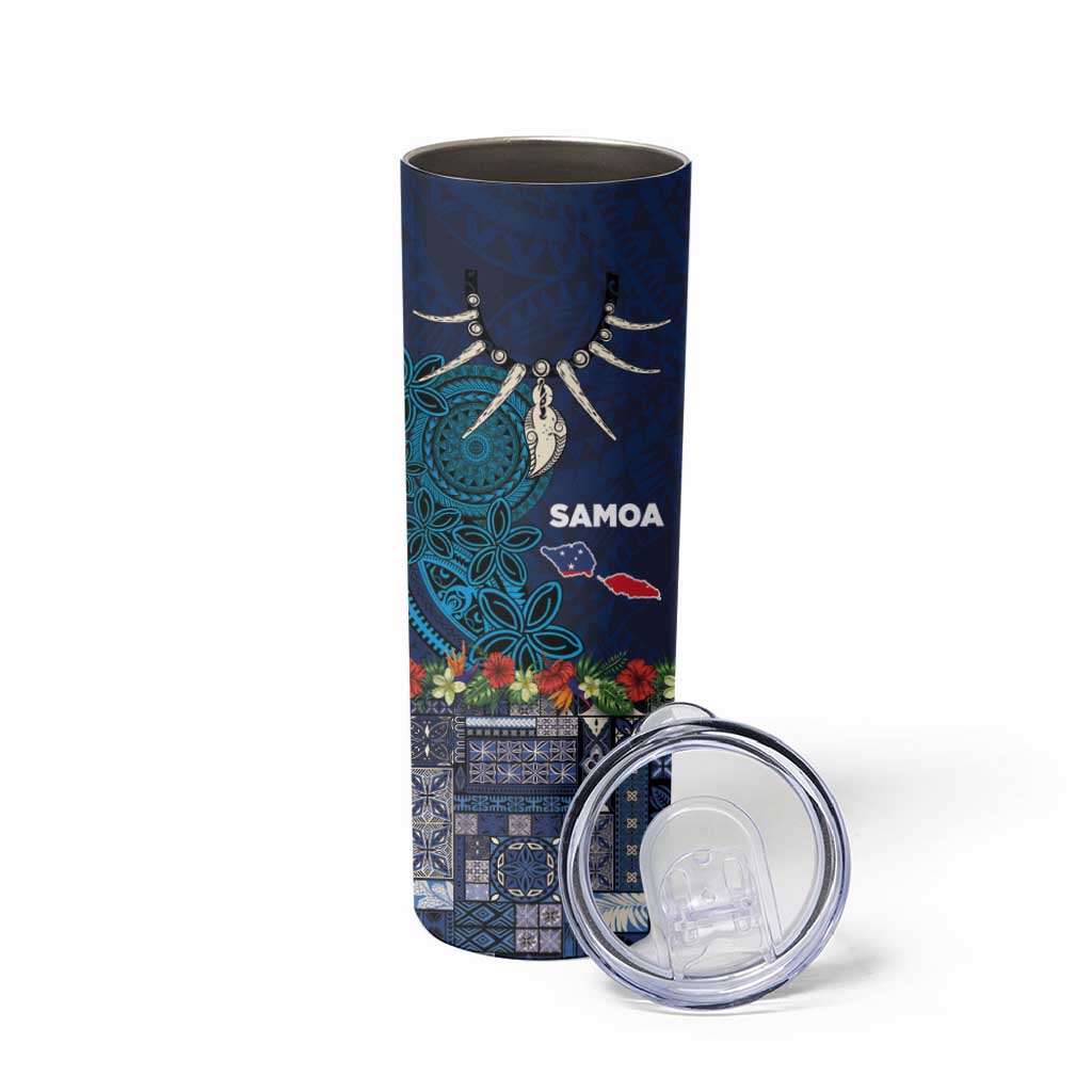 Samoa Siapo Polynesian Art Skinny Tumbler Tropical Flowers and Tatau Pattern Navy LT03 - Polynesian Pride