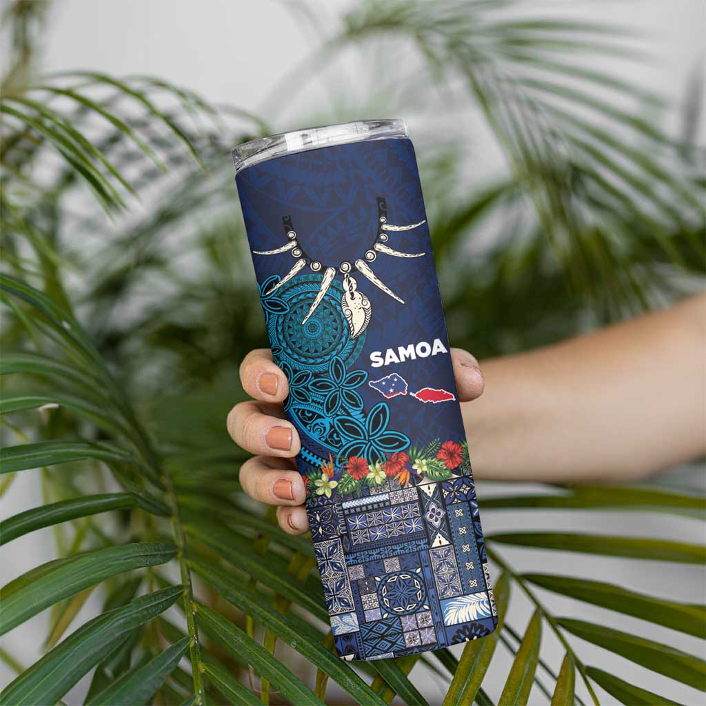 Samoa Siapo Polynesian Art Skinny Tumbler Tropical Flowers and Tatau Pattern Navy LT03 - Polynesian Pride