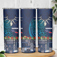 Samoa Siapo Polynesian Art Skinny Tumbler Tropical Flowers and Tatau Pattern Navy LT03 - Polynesian Pride