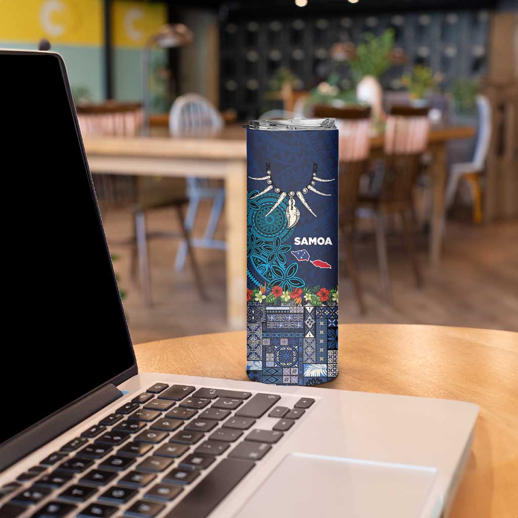 Samoa Siapo Polynesian Art Skinny Tumbler Tropical Flowers and Tatau Pattern Navy LT03 - Polynesian Pride