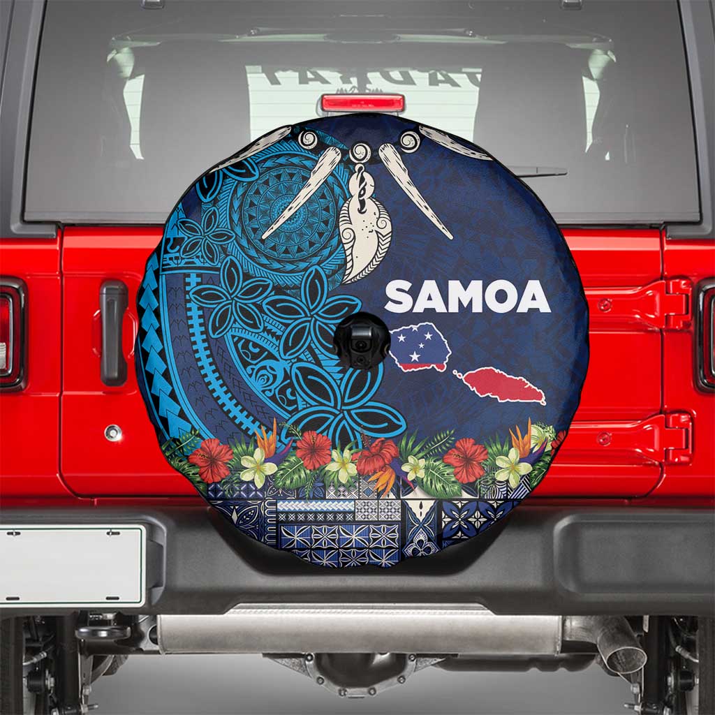 Samoa Siapo Polynesian Art Spare Tire Cover Tropical Flowers and Tatau Pattern Navy