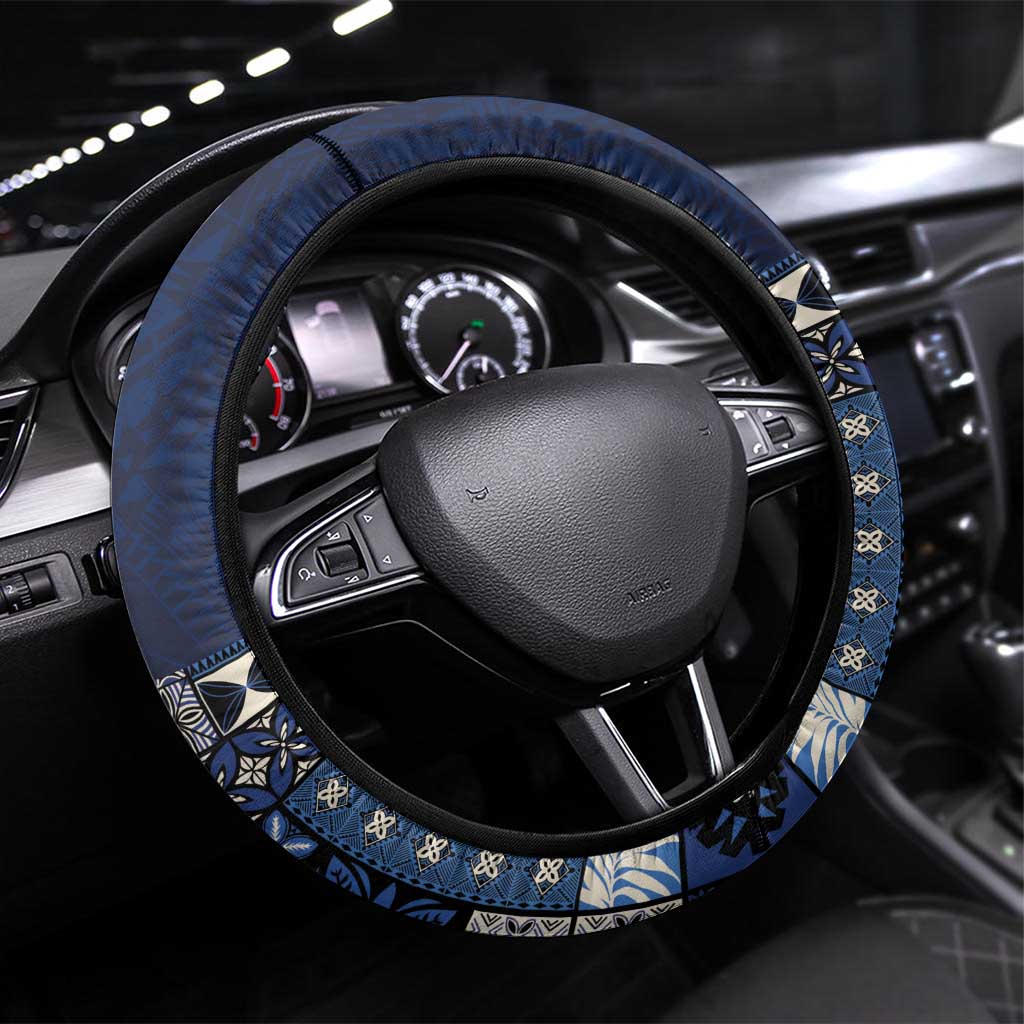 Samoa Siapo Polynesian Art Steering Wheel Cover Tropical Flowers and Tatau Pattern Navy LT03 Universal Fit Navy - Polynesian Pride