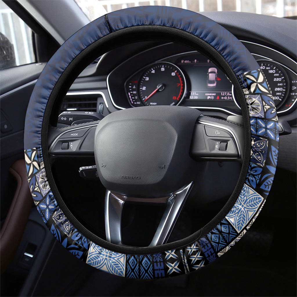 Samoa Siapo Polynesian Art Steering Wheel Cover Tropical Flowers and Tatau Pattern Navy LT03 - Polynesian Pride