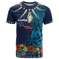 Samoa Siapo Polynesian Art T Shirt Tropical Flowers and Tatau Pattern Navy