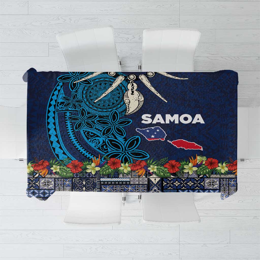 Samoa Siapo Polynesian Art Tablecloth Tropical Flowers and Tatau Pattern Navy