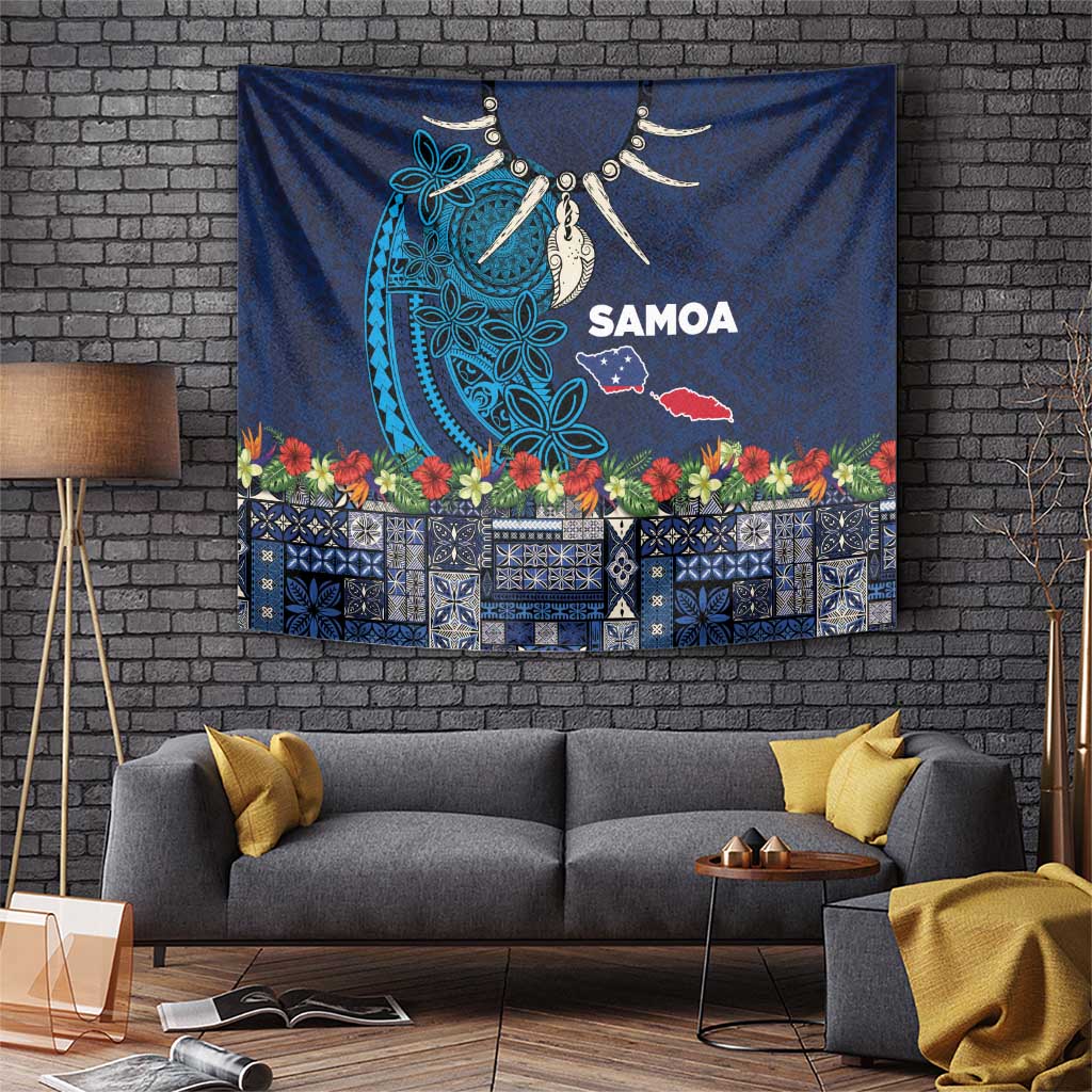 Samoa Siapo Polynesian Art Tapestry Tropical Flowers and Tatau Pattern Navy LT03 Navy - Polynesian Pride