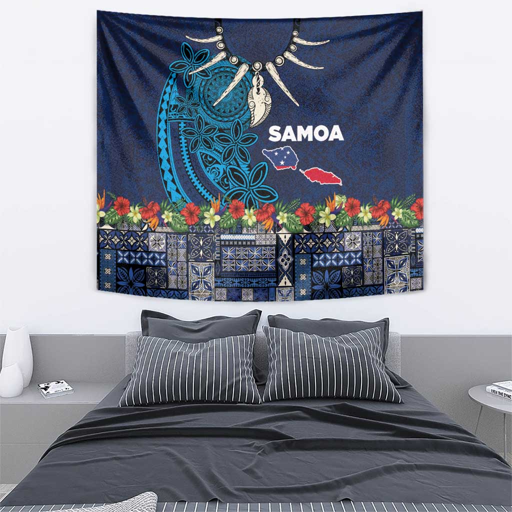 Samoa Siapo Polynesian Art Tapestry Tropical Flowers and Tatau Pattern Navy LT03 - Polynesian Pride