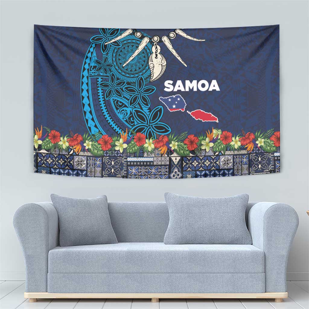 Samoa Siapo Polynesian Art Tapestry Tropical Flowers and Tatau Pattern Navy LT03 - Polynesian Pride