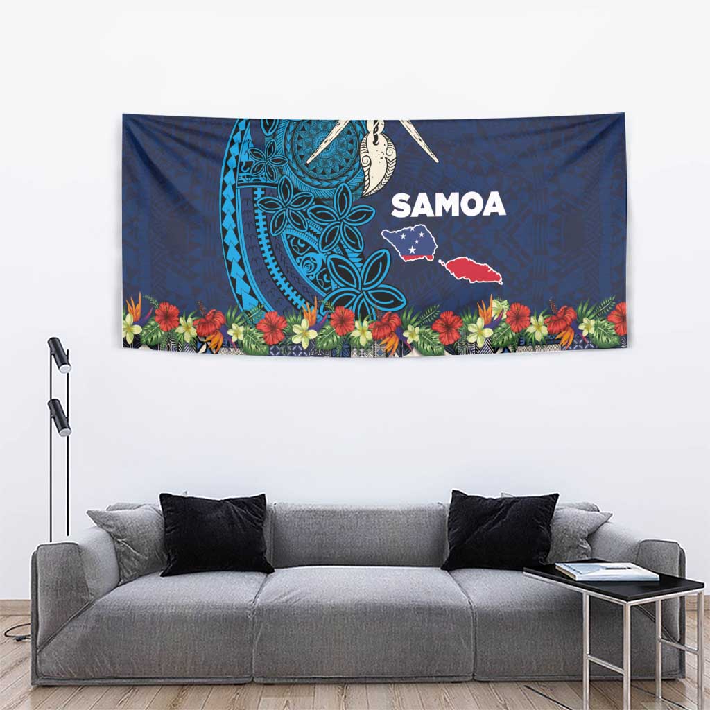 Samoa Siapo Polynesian Art Tapestry Tropical Flowers and Tatau Pattern Navy LT03 - Polynesian Pride
