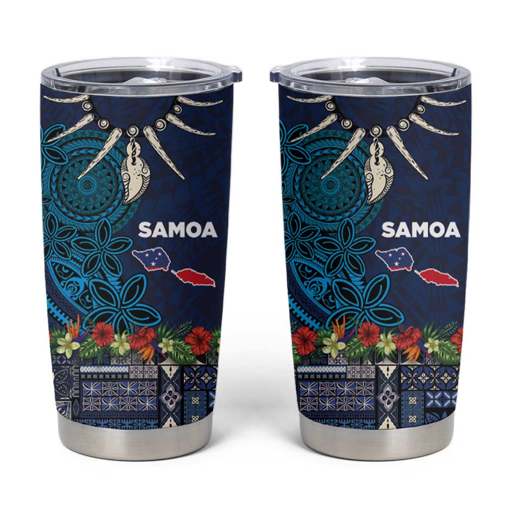 Samoa Siapo Polynesian Art Tumbler Cup Tropical Flowers and Tatau Pattern Navy LT03 Navy - Polynesian Pride