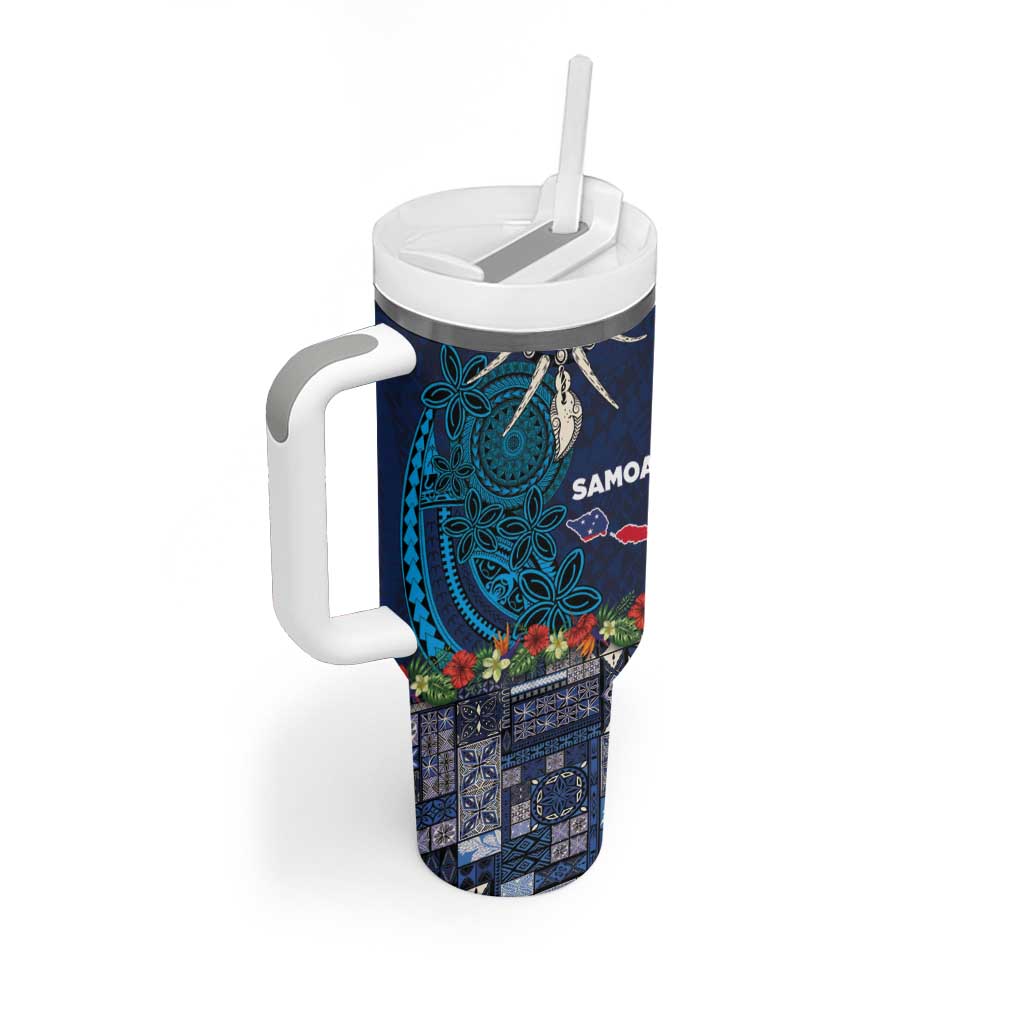 Samoa Siapo Polynesian Art Tumbler With Handle Tropical Flowers and Tatau Pattern Navy