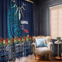 Samoa Siapo Polynesian Art Window Curtain Tropical Flowers and Tatau Pattern Navy