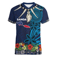 Samoa Siapo Polynesian Art Women V-Neck T-Shirt Tropical Flowers and Tatau Pattern Navy LT03 Female Navy - Polynesian Pride
