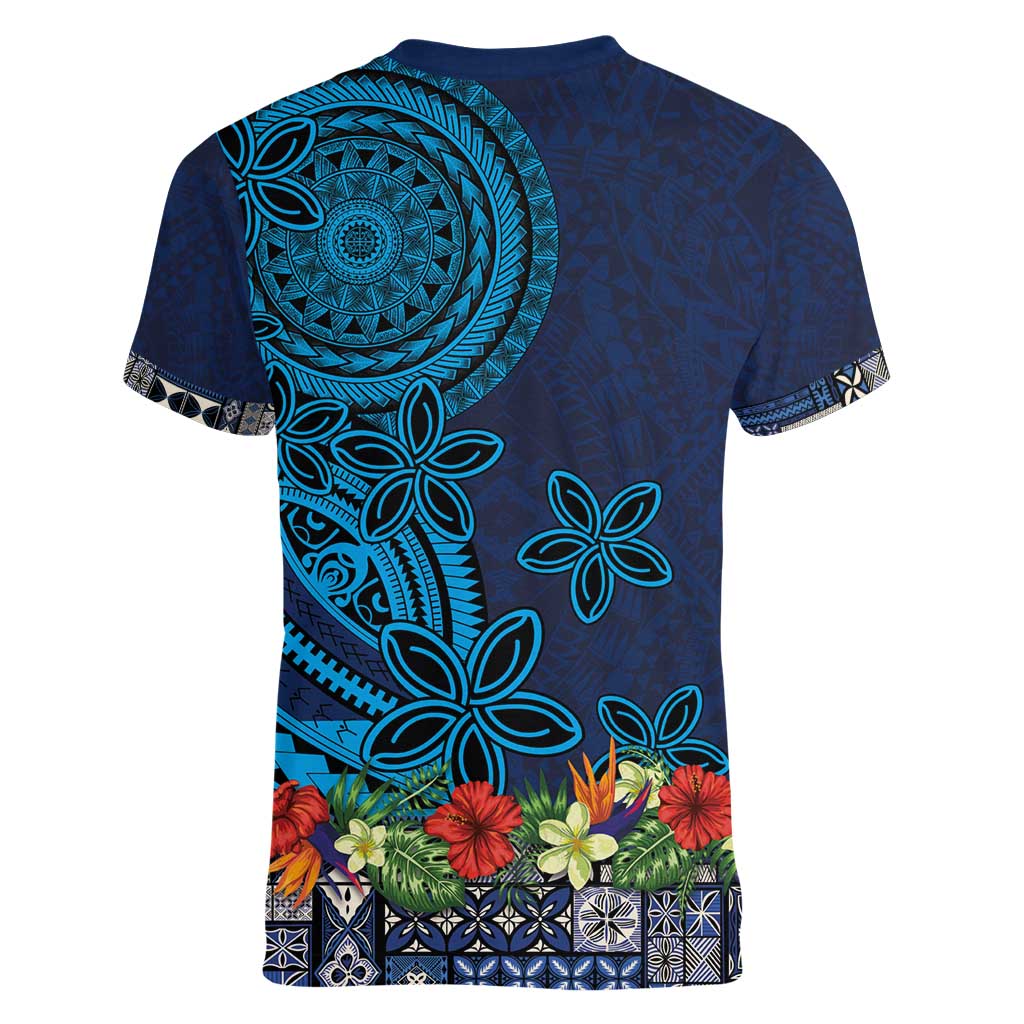Samoa Siapo Polynesian Art Women V-Neck T-Shirt Tropical Flowers and Tatau Pattern Navy LT03 - Polynesian Pride